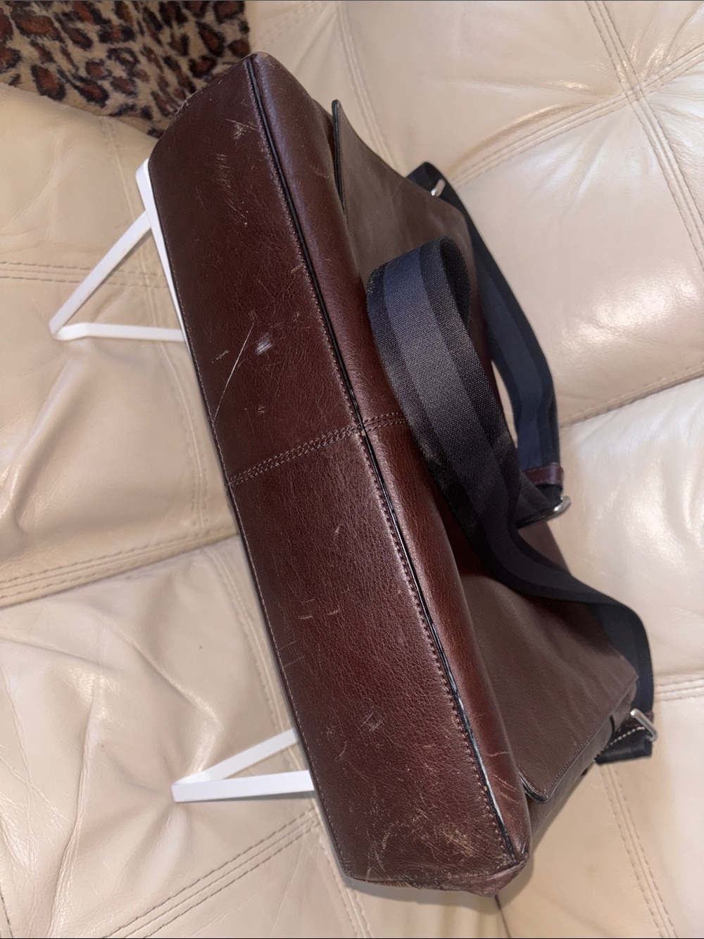 Coach Men's Brown Leather Messenger Bag with Stripe Strap - Picture 11 of 15